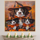 Brittany Spaniel Dog Halloween Canvas Wall Art with Pumpkins and Witch Hats Rustic Fall Accent for Cozy Autumn Homes on Ready to Hang 1.5" Thick Canvas Wrap, Floating Framed Canvas, Flat Rolled Canvas